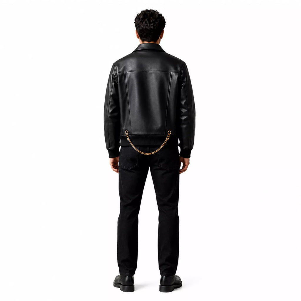Men’s Black Chain Detail Leather Biker Jacket | Gold Hardware Moto Jacket