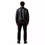 Men’s Black Chain Detail Leather Biker Jacket | Gold Hardware Moto Jacket