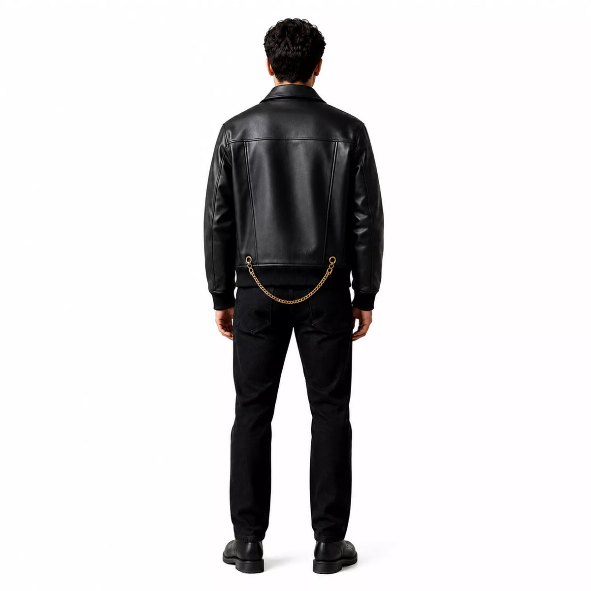 Men’s Black Chain Detail Leather Biker Jacket | Gold Hardware Moto Jacket