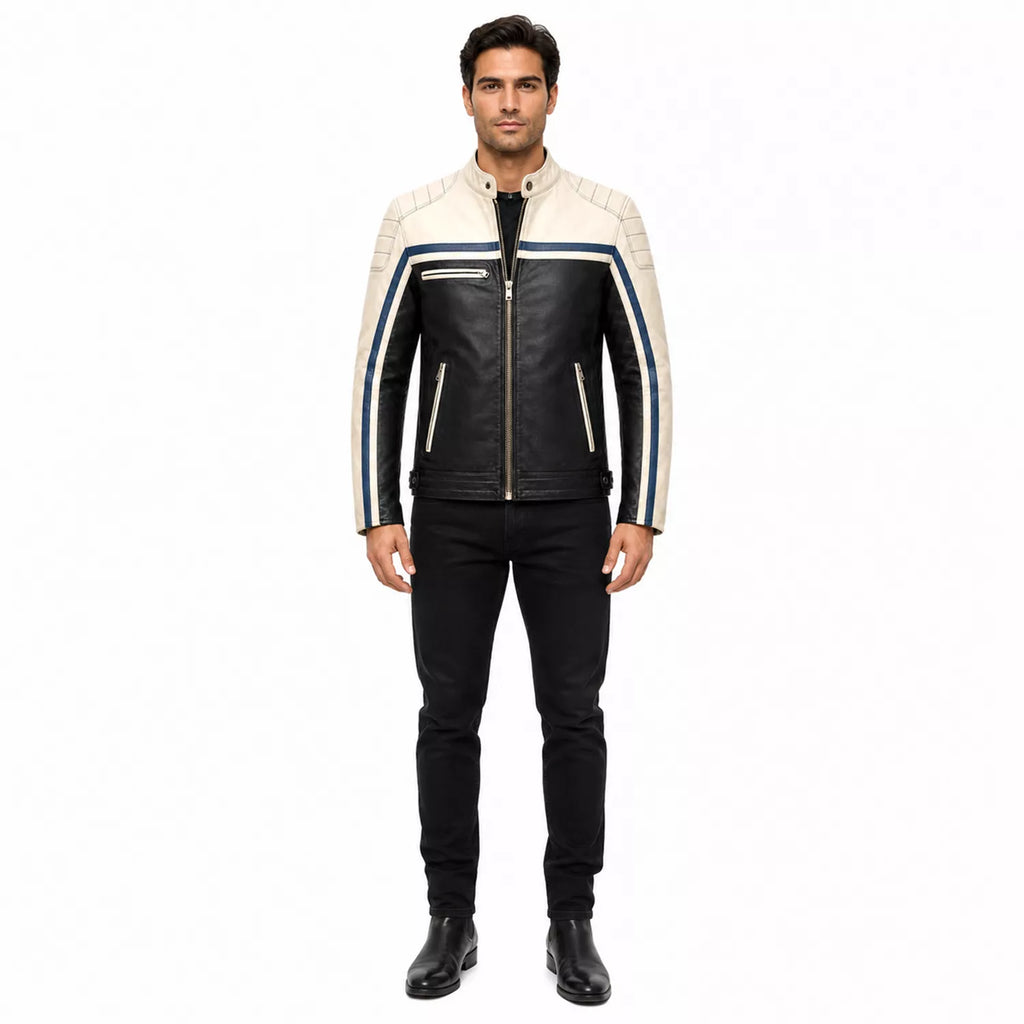 Men’s Black Cream Blue Leather Biker Jacket | Motorcycle Style