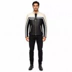 Men’s Black Cream Blue Leather Biker Jacket | Motorcycle Style