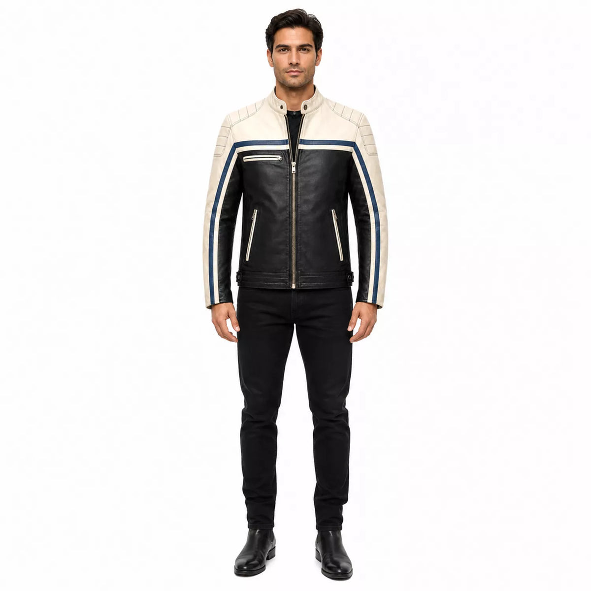 Men’s Black Cream Blue Leather Biker Jacket | Motorcycle Style