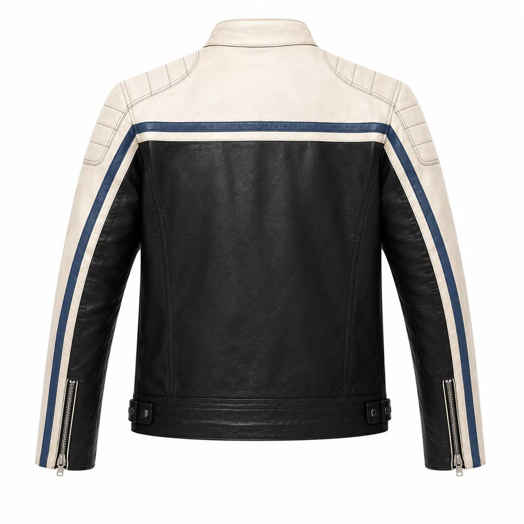 Men’s Black Cream Blue Leather Biker Jacket | Motorcycle Style