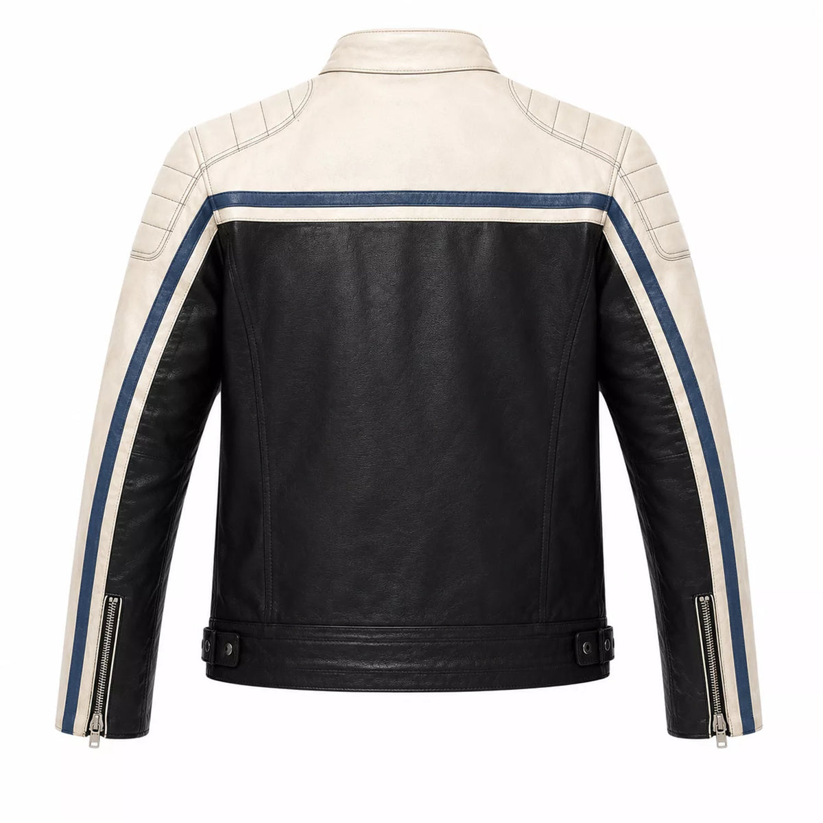 Men’s Black Cream Blue Leather Biker Jacket | Motorcycle Style