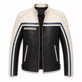 Men’s Black Cream Blue Leather Biker Jacket | Motorcycle Style
