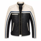 Men’s Black Cream Blue Leather Biker Jacket | Motorcycle Style