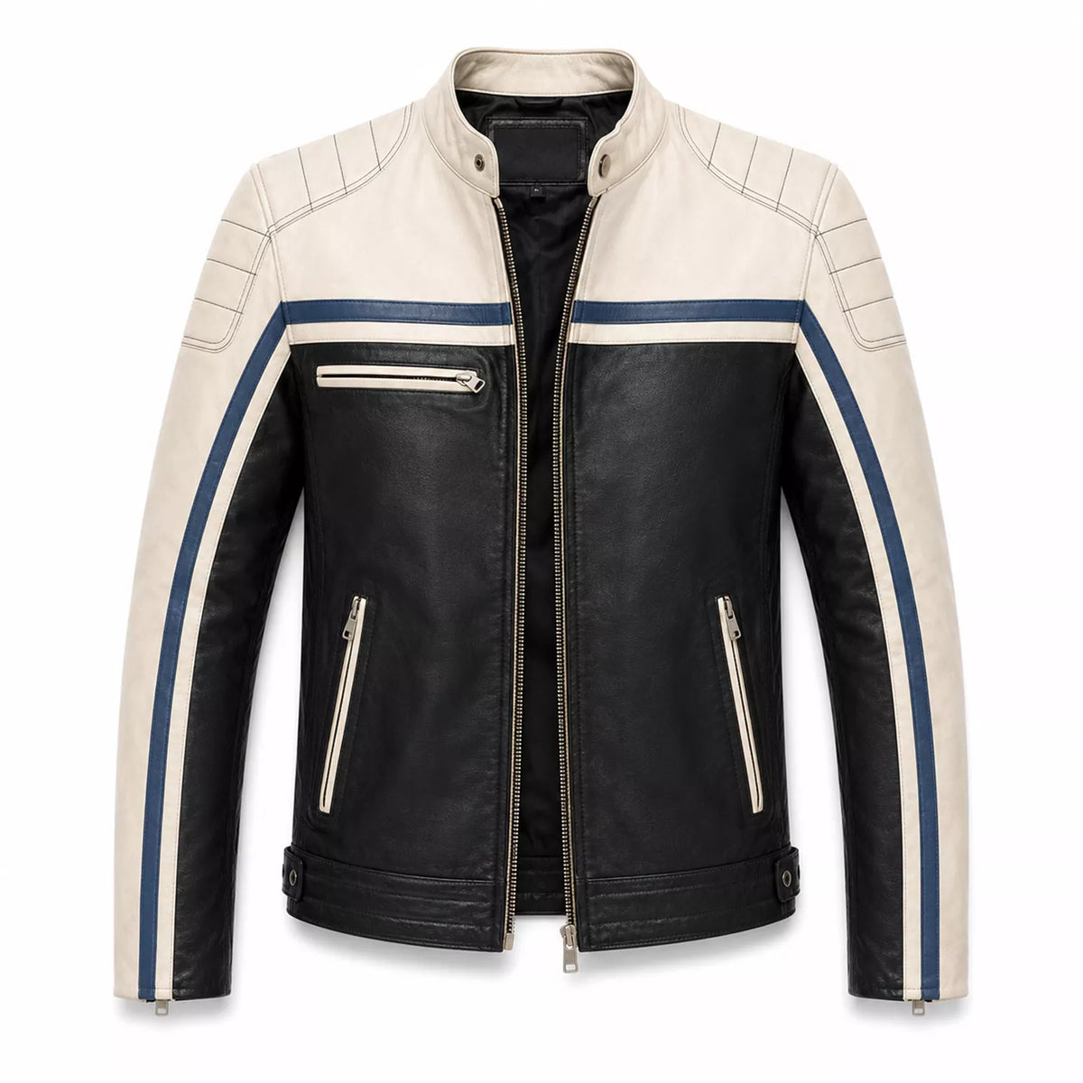 Men’s Black Cream Blue Leather Biker Jacket | Motorcycle Style