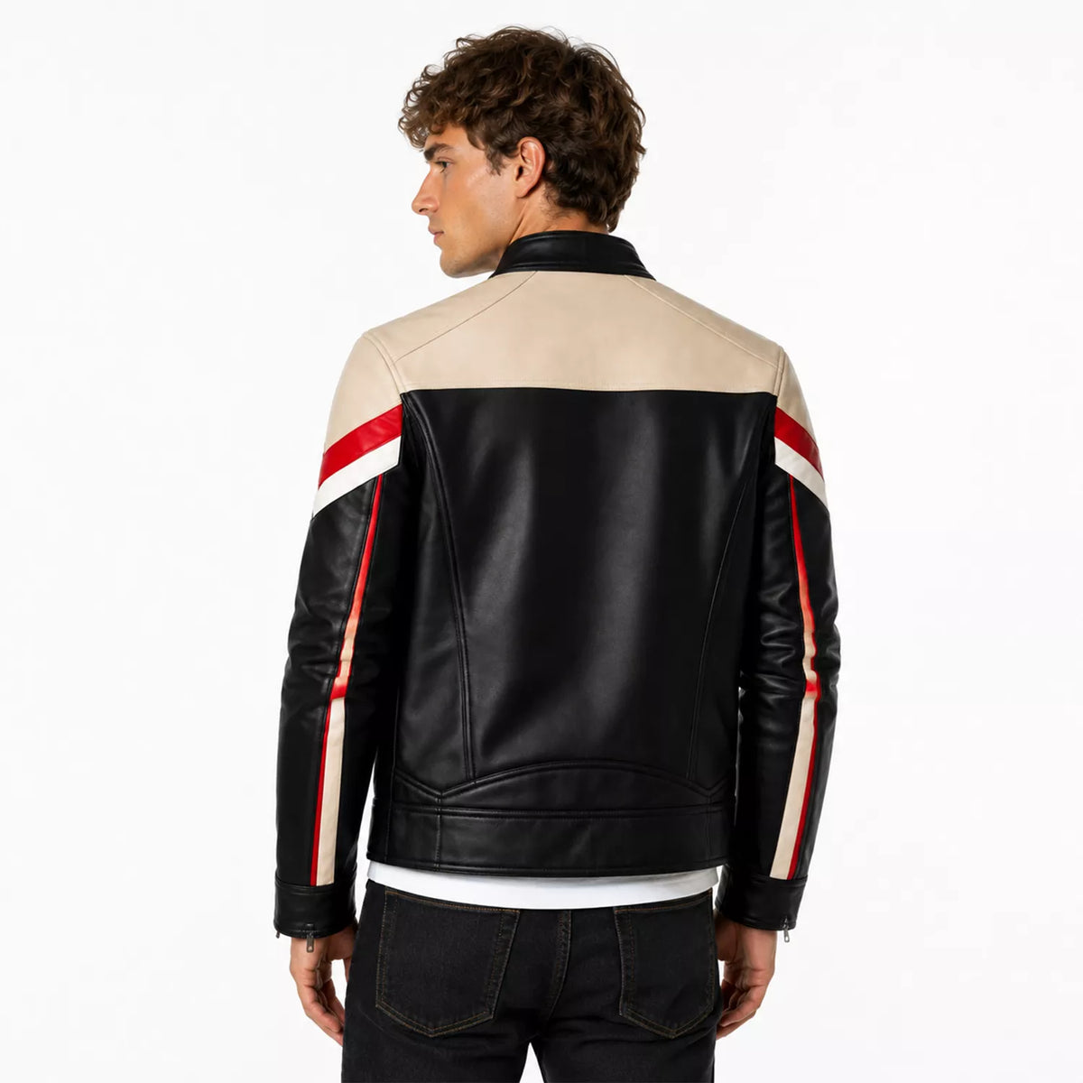 Men’s Black Cream Red Leather Moto Jacket | Racing Style Biker Jacket