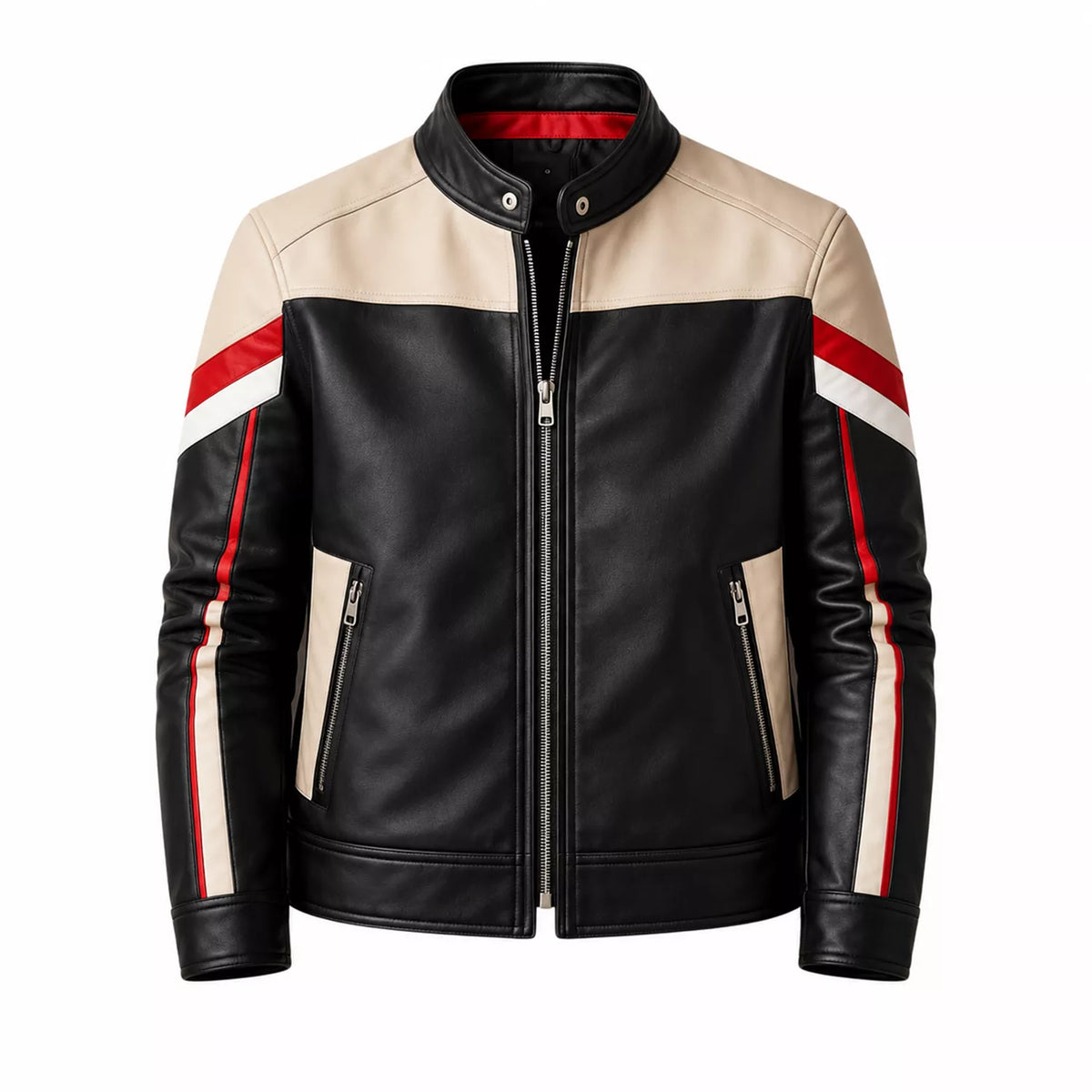 Men’s Black Cream Red Leather Moto Jacket | Racing Style Biker Jacket