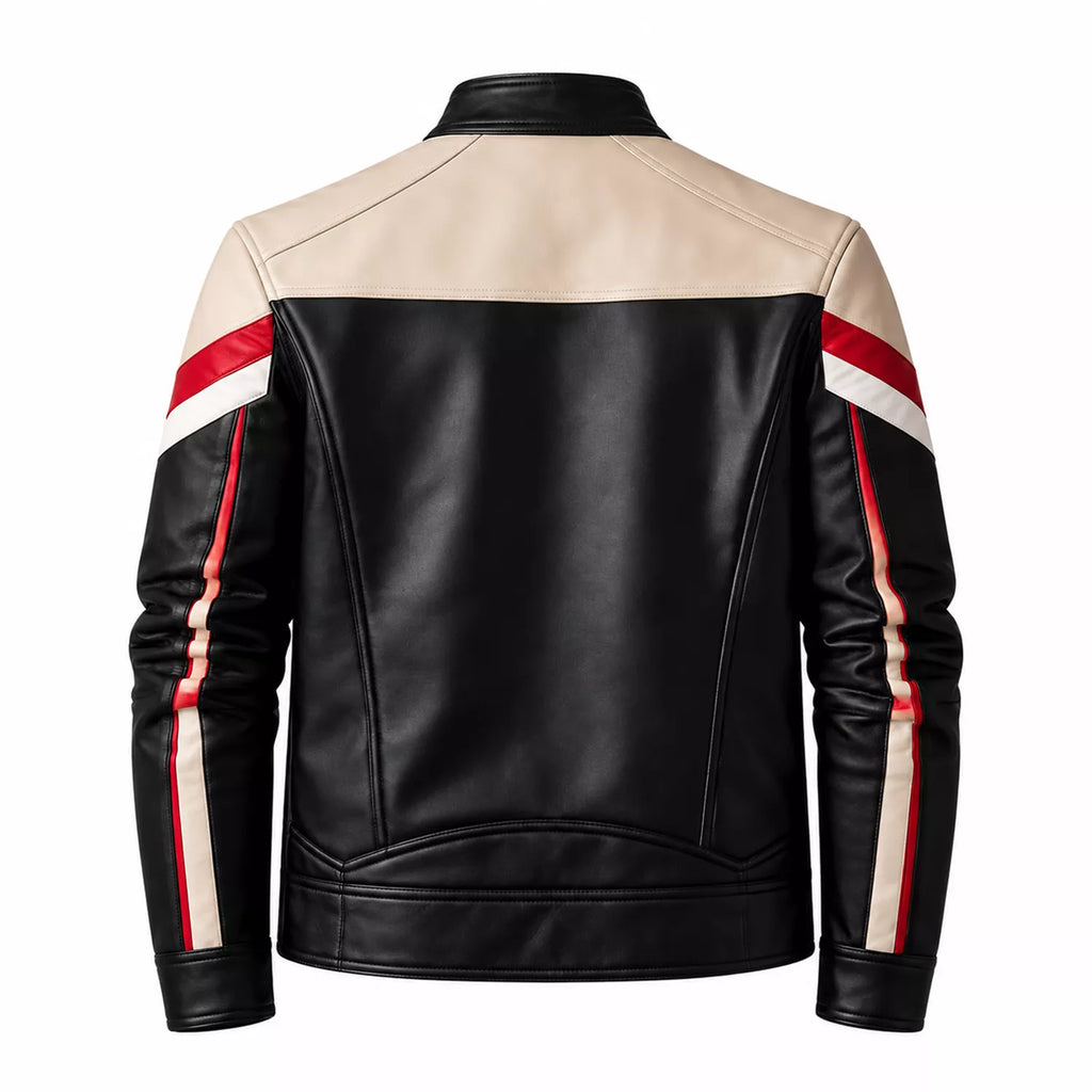 Men’s Black Cream Red Leather Moto Jacket | Racing Style Biker Jacket