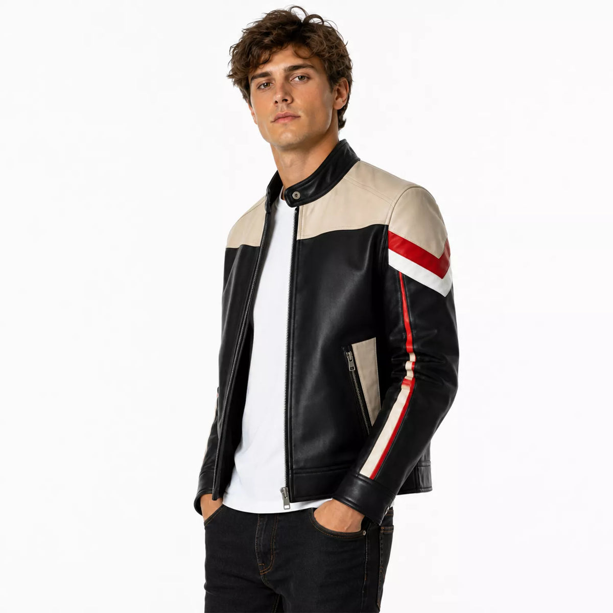 Men’s Black Cream Red Leather Moto Jacket | Racing Style Biker Jacket