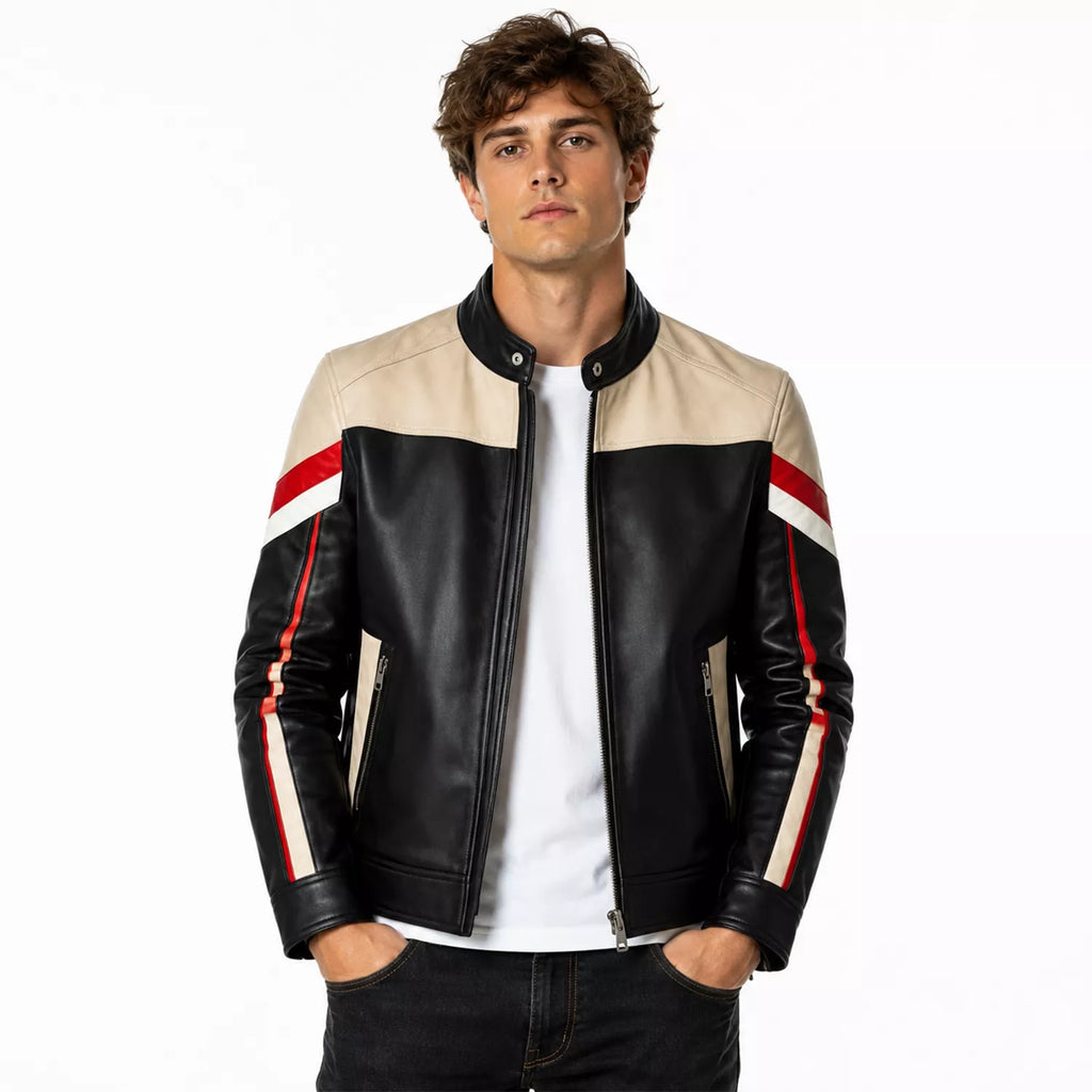 Men’s Black Cream Red Leather Moto Jacket | Racing Style Biker Jacket