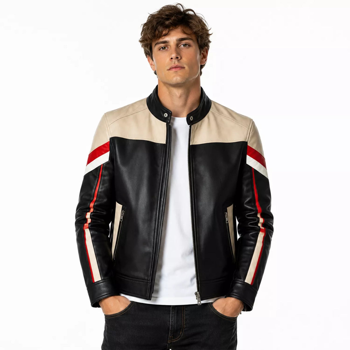 Men’s Black Cream Red Leather Moto Jacket | Racing Style Biker Jacket