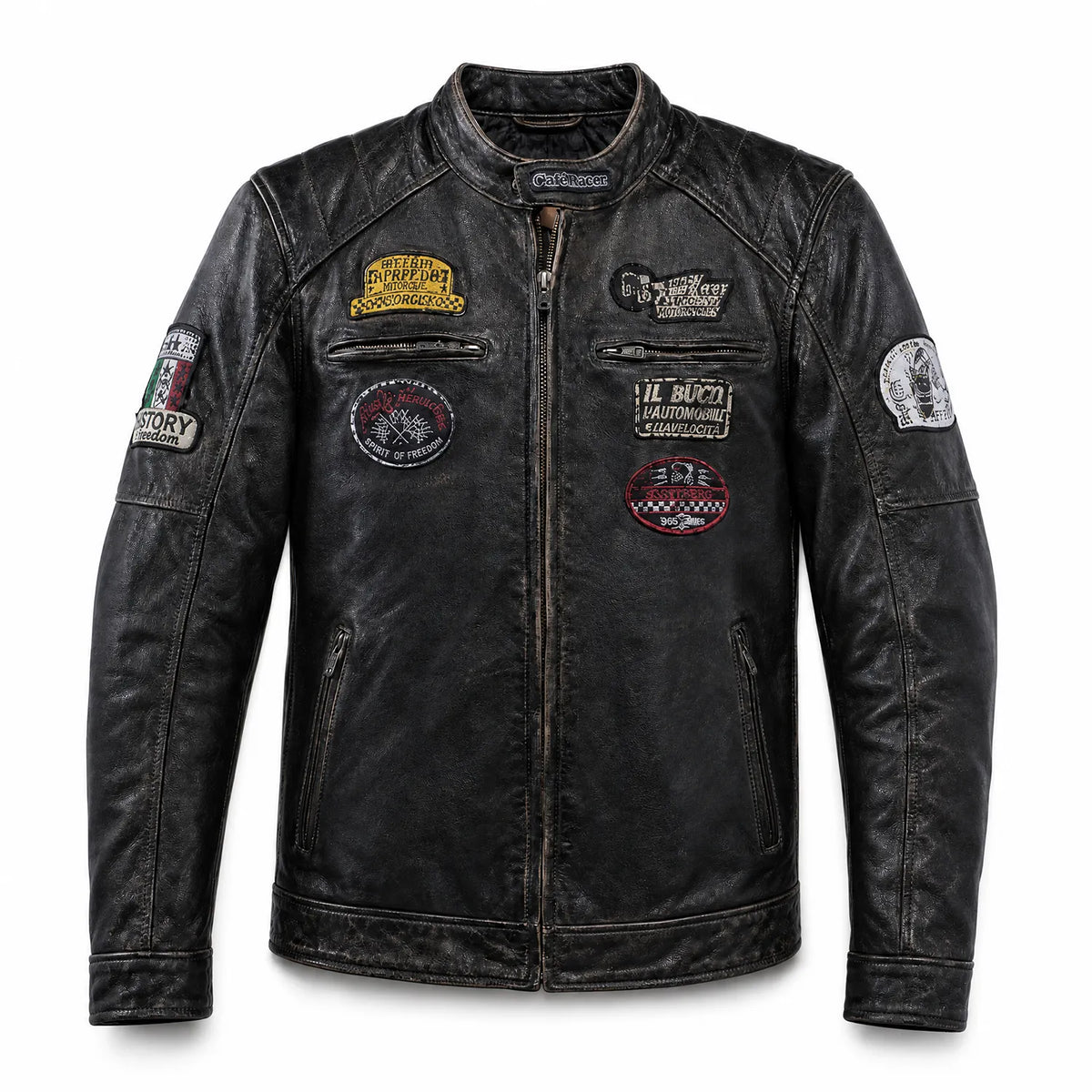 Men’s Black Distressed Leather Cafe Racer Motorcycle Jacket with Vintage Patches