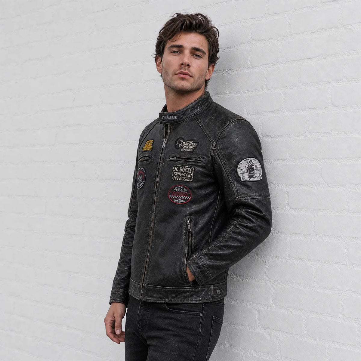 Men’s Black Distressed Leather Cafe Racer Motorcycle Jacket with Vintage Patches
