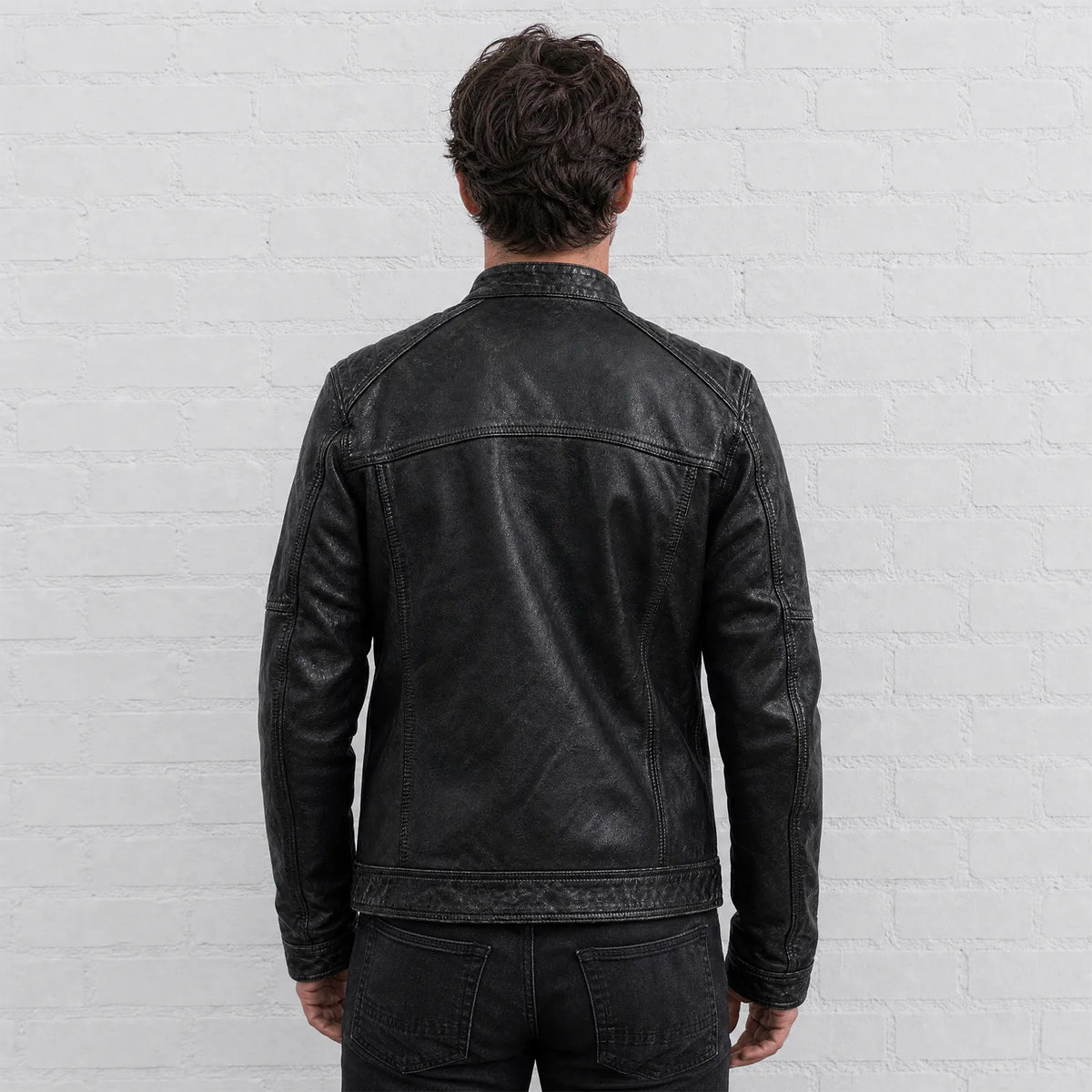 Men’s Black Distressed Leather Cafe Racer Motorcycle Jacket with Vintage Patches