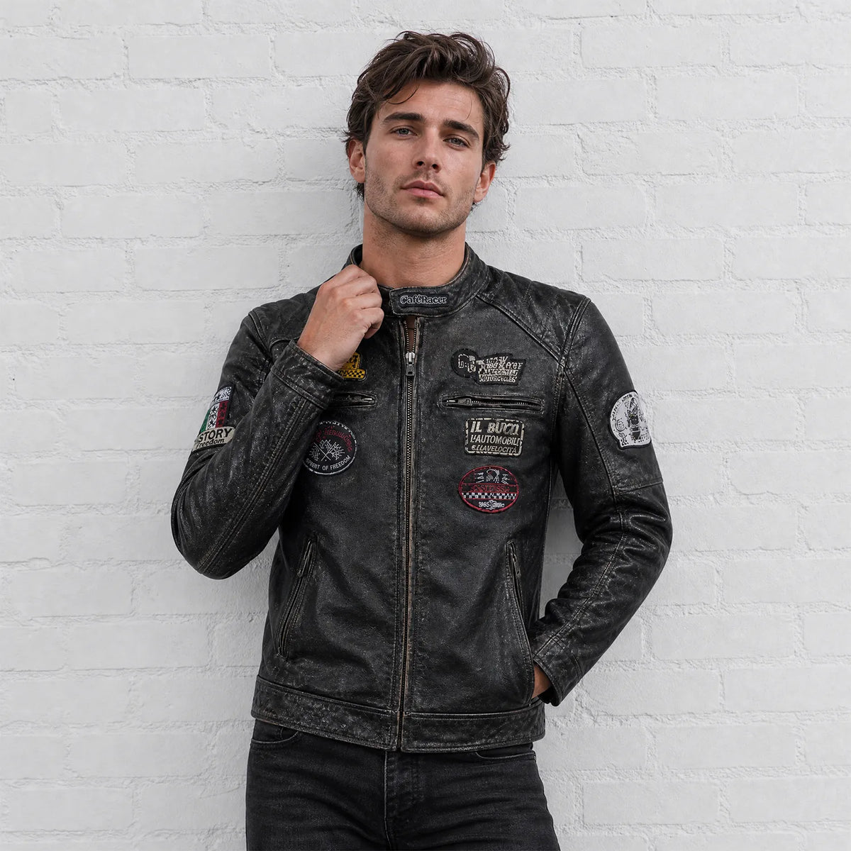 Men’s Black Distressed Leather Cafe Racer Motorcycle Jacket with Vintage Patches