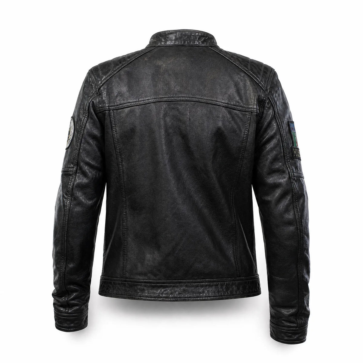 Men’s Black Distressed Leather Cafe Racer Motorcycle Jacket with Vintage Patches