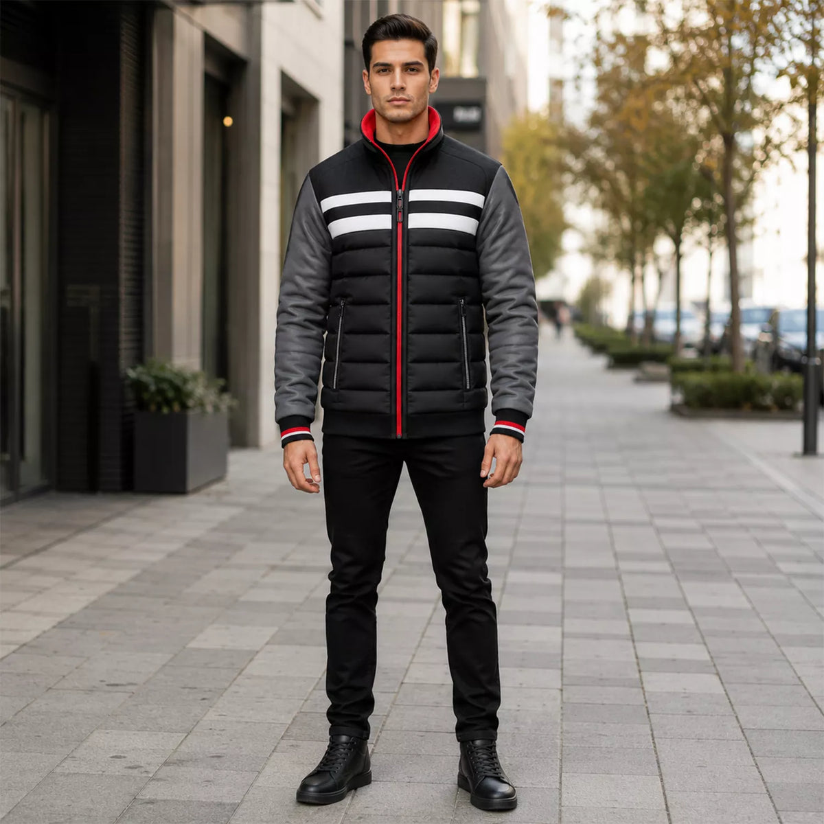 Men’s Black Grey White Puffer Bomber Jacket | Quilted Winter Style