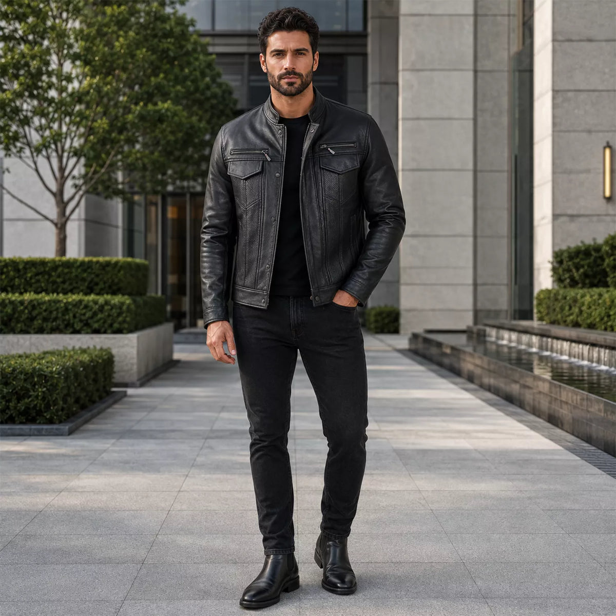 Men’s Black Leather Cafe Racer Jacket | Utility Biker Style