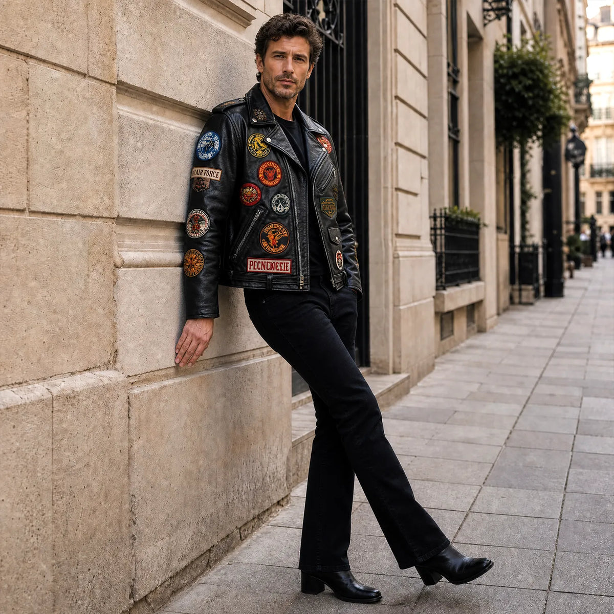 Men’s Black Leather Patchwork Motorcycle Biker Jacket