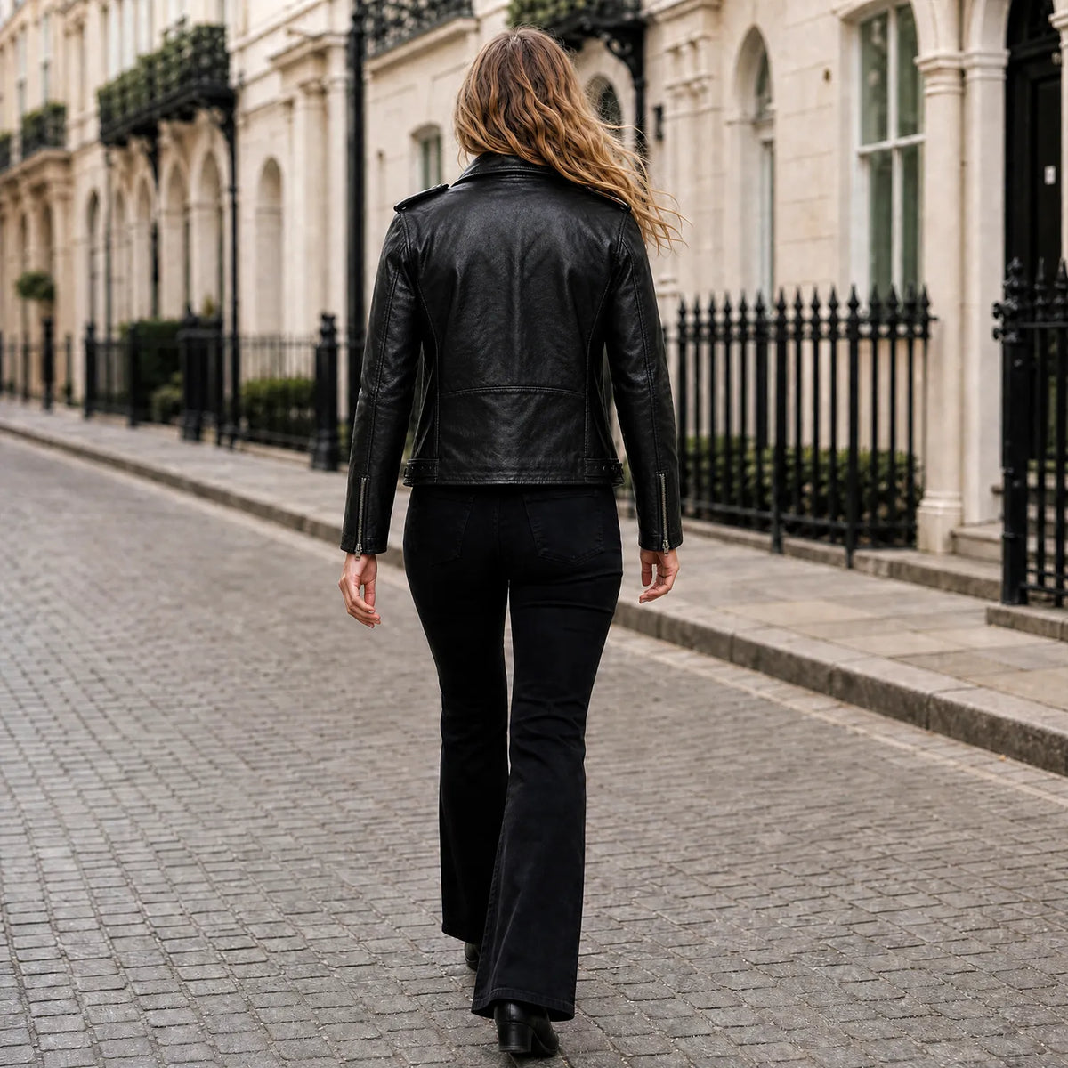 Women’s Black Leather Patchwork Motorcycle Biker Jacket