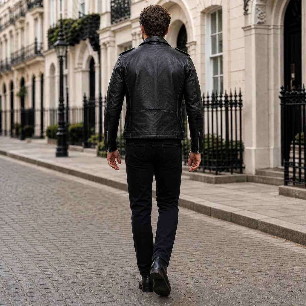 Men’s Black Leather Patchwork Motorcycle Biker Jacket