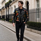 Men’s Black Leather Patchwork Motorcycle Biker Jacket