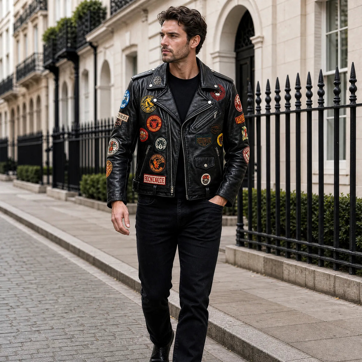 Men’s Black Leather Patchwork Motorcycle Biker Jacket