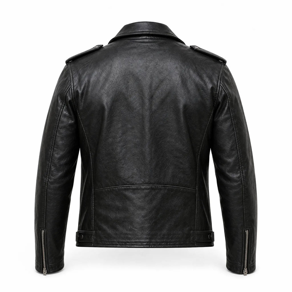 Men’s Black Leather Patchwork Motorcycle Biker Jacket