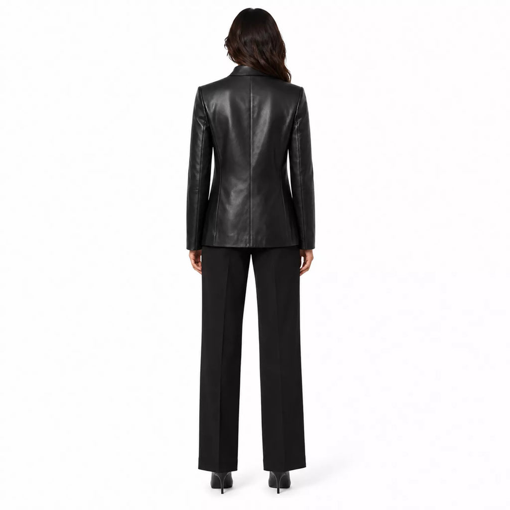 Women’s Black Leather Suit Blazer | Single-Breasted Tailored Jacket