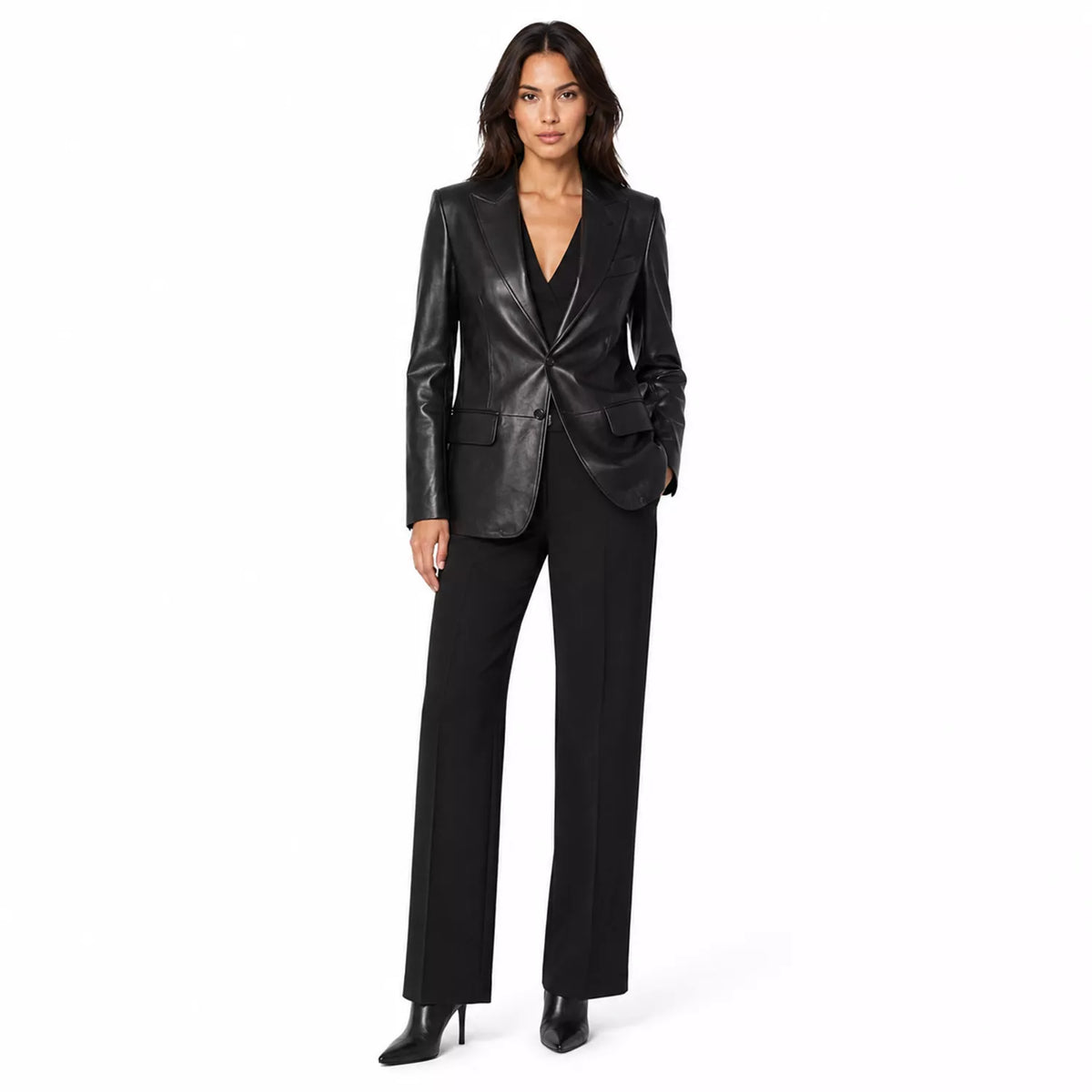 Women’s Black Leather Suit Blazer | Single-Breasted Tailored Jacket