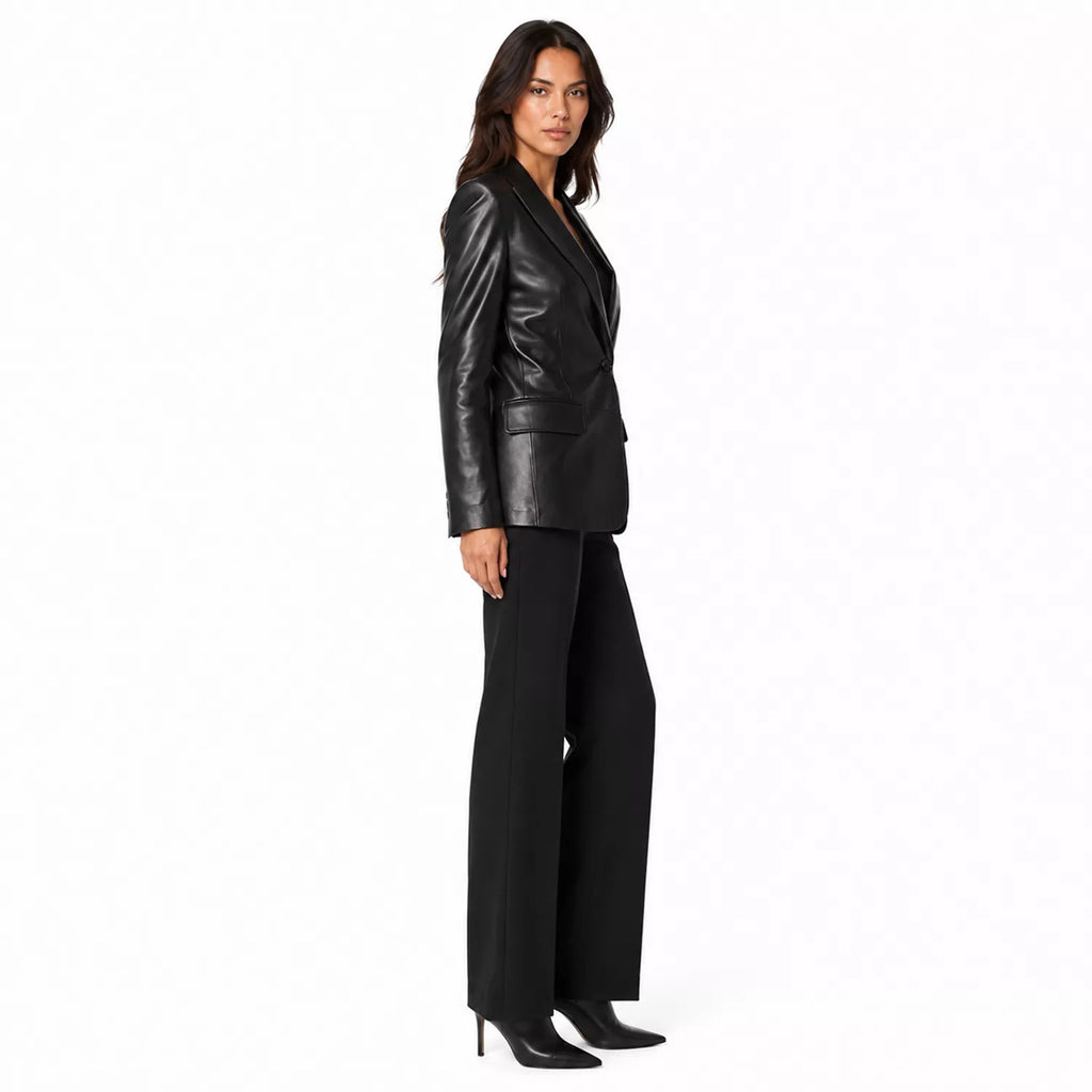 Women’s Black Leather Suit Blazer | Single-Breasted Tailored Jacket