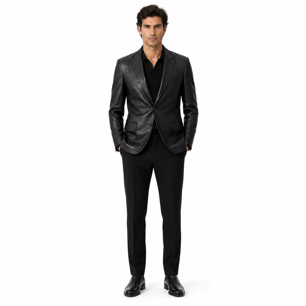 Men’s Black Leather Suit Blazer | Single-Breasted Tailored Jacket