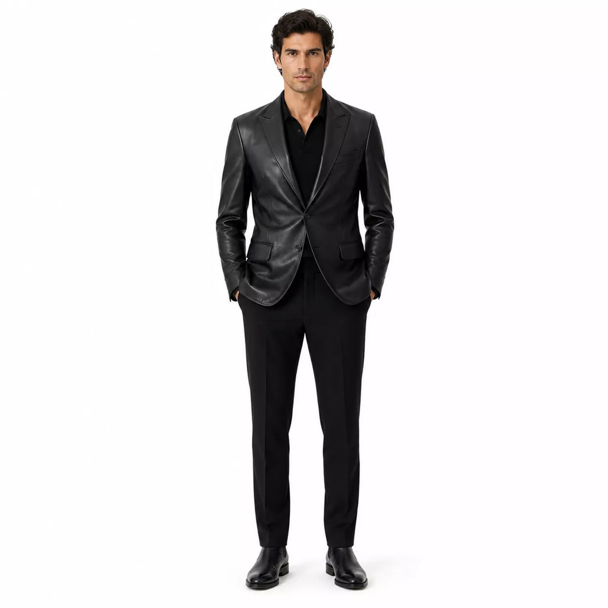 Men’s Black Leather Suit Blazer | Single-Breasted Tailored Jacket