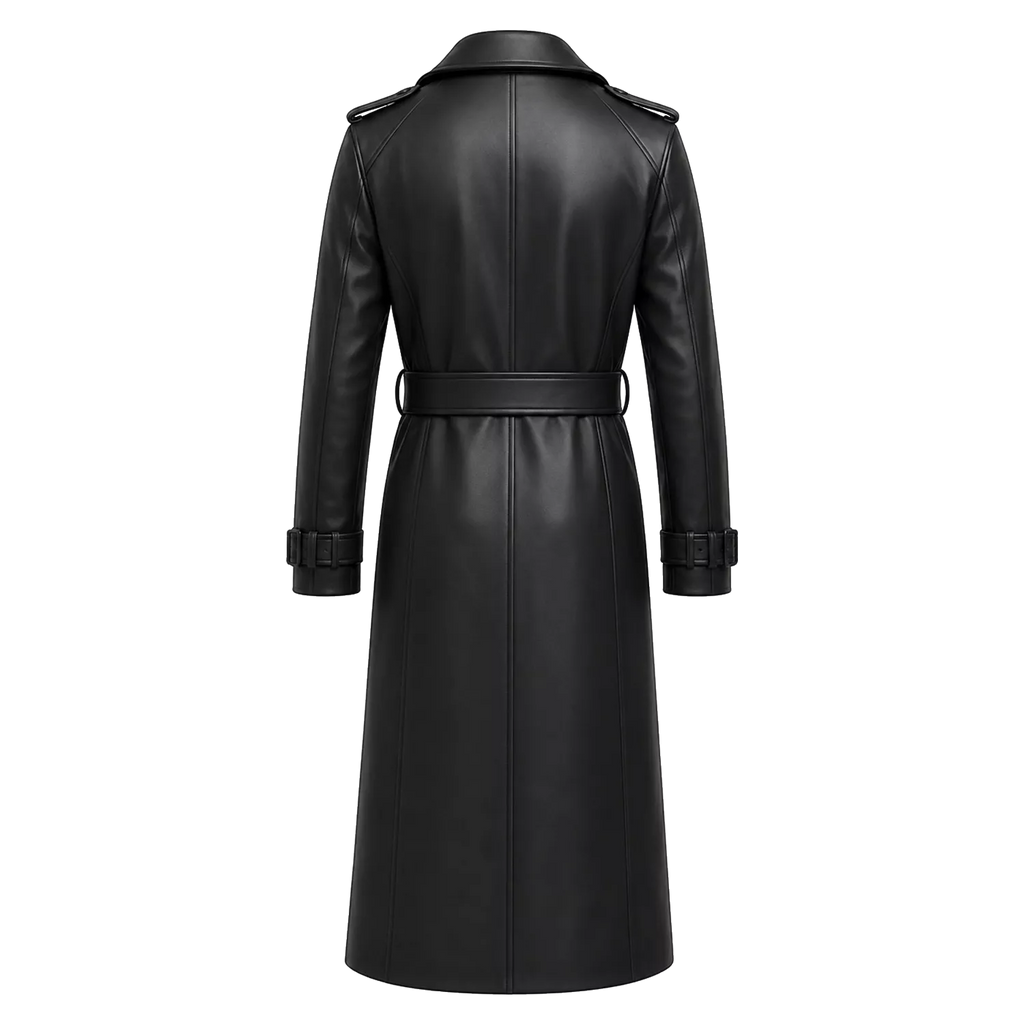 Men’s Black Leather Trench Coat | Long Double-Breasted Belted Coat