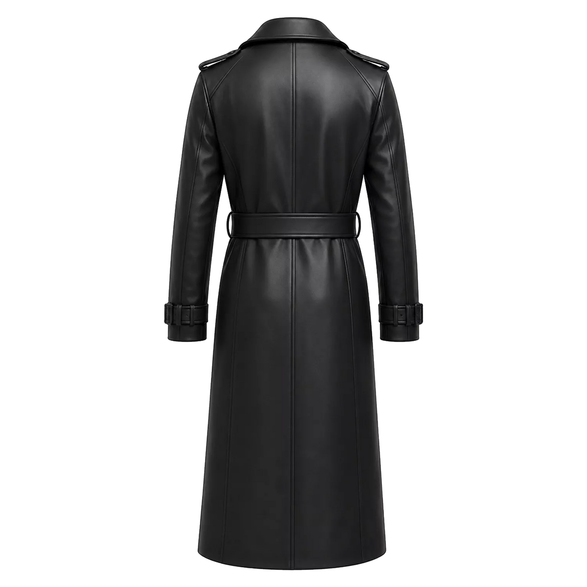 Men’s Black Leather Trench Coat | Long Double-Breasted Belted Coat