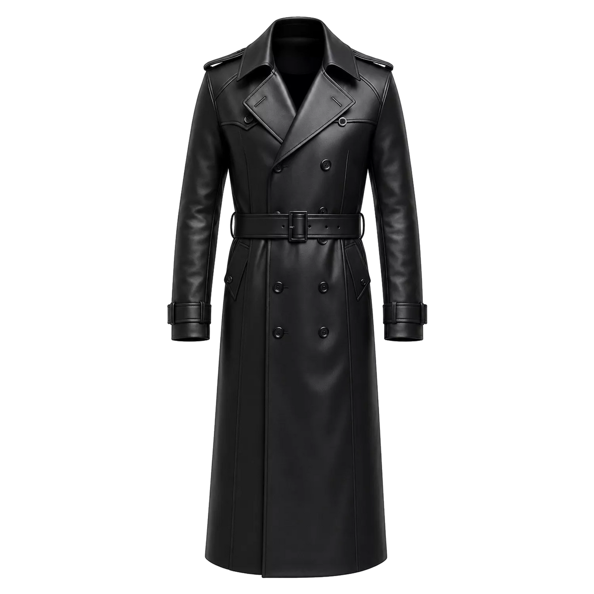 Men’s Black Leather Trench Coat | Long Double-Breasted Belted Coat