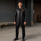 Men’s Black Leather Workwear Coat | Brown Trim Zip & Button Utility Jacket