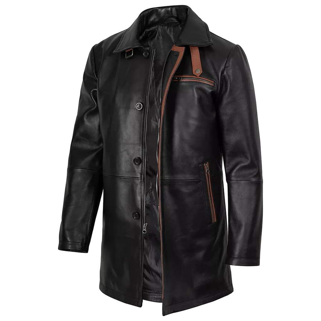 Men’s Black Leather Workwear Coat | Brown Trim Zip & Button Utility Jacket