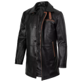 Men’s Black Leather Workwear Coat | Brown Trim Zip & Button Utility Jacket