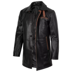 Men’s Black Leather Workwear Coat | Brown Trim Zip & Button Utility Jacket