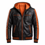 Men’s Black Orange Hooded Leather Bomber Jacket | Quilted Shoulder Zip Jacket