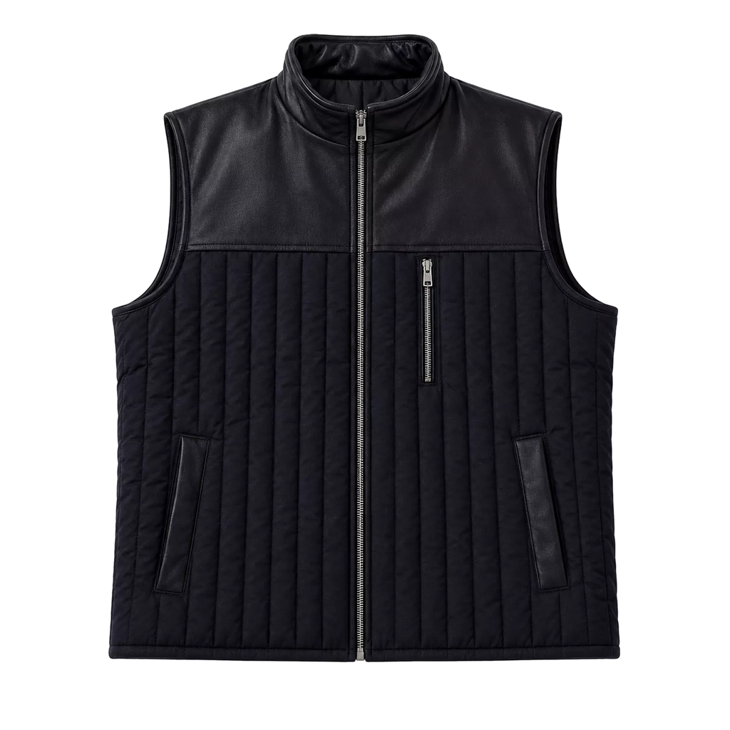 Men’s Black Quilted Leather Vest | Zip-Up Sleeveless Outerwear