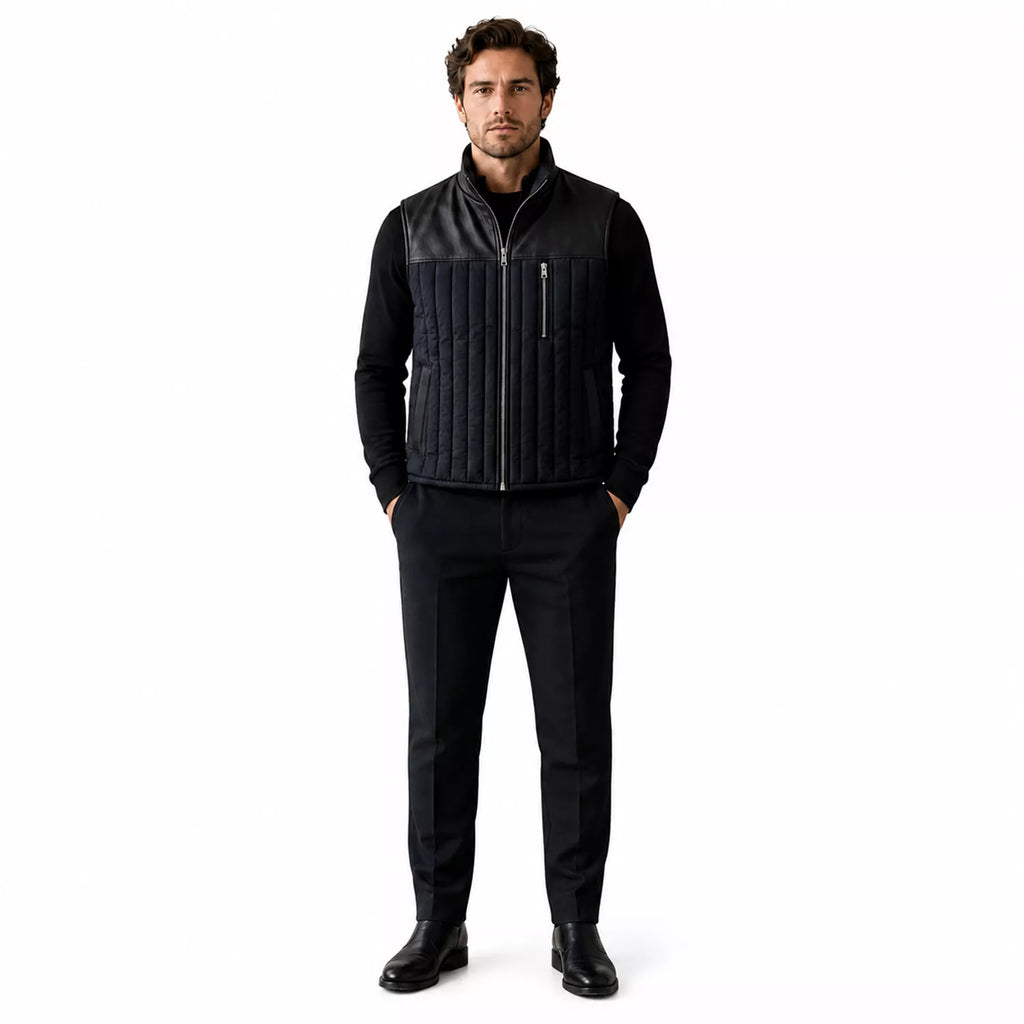 Men’s Black Quilted Leather Vest | Zip-Up Sleeveless Outerwear
