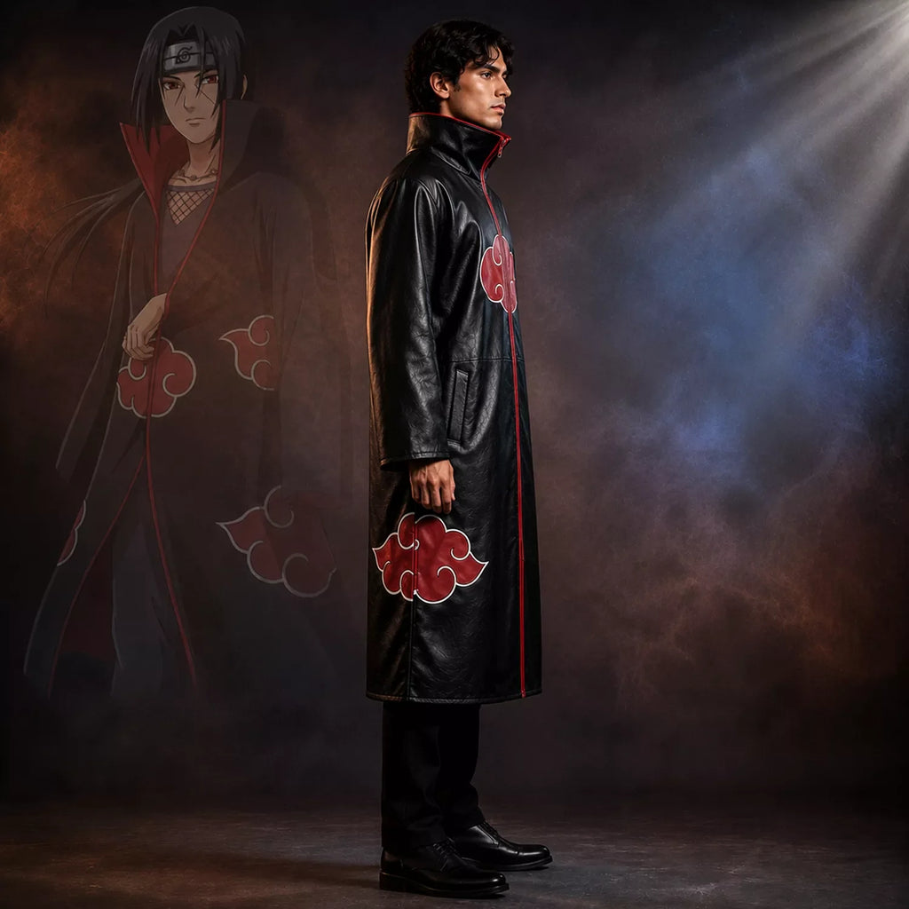 Men’s Black Red Cloud Leather Trench Coat | Anime-Inspired Cosplay Coat