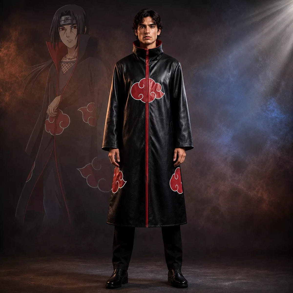 Men’s Black Red Cloud Leather Trench Coat | Anime-Inspired Cosplay Coat