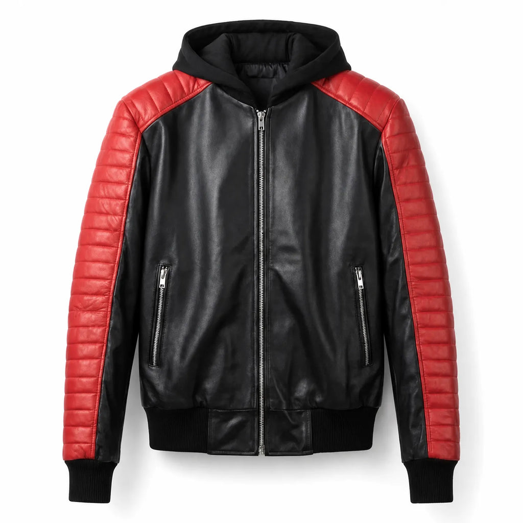 Men's Black Red Hooded Leather Biker Jacket | Premium Motorcycle Style Outerwear