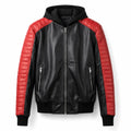 Men's Black Red Hooded Leather Biker Jacket | Premium Motorcycle Style Outerwear