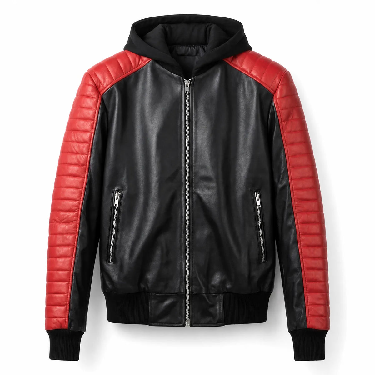 Men's Black Red Hooded Leather Biker Jacket | Premium Motorcycle Style Outerwear
